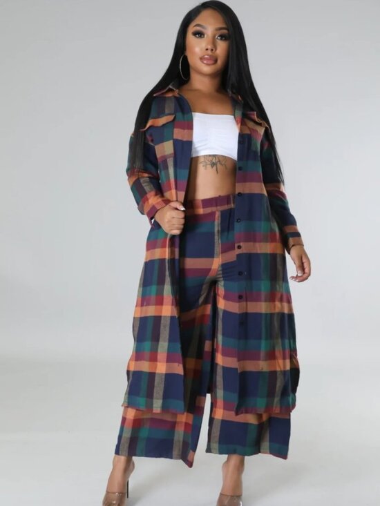 Dressed in LALA Pants - Plaid Longline Shacket & Wide-Leg Pants Set - Multicolor